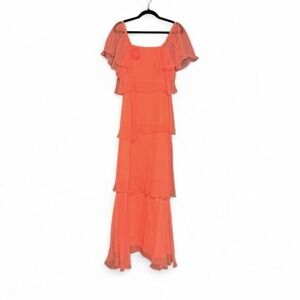 True Vintage‎ 1970s Tiered Gown Women's Size XS Coral Orange Sheer Rose Retro